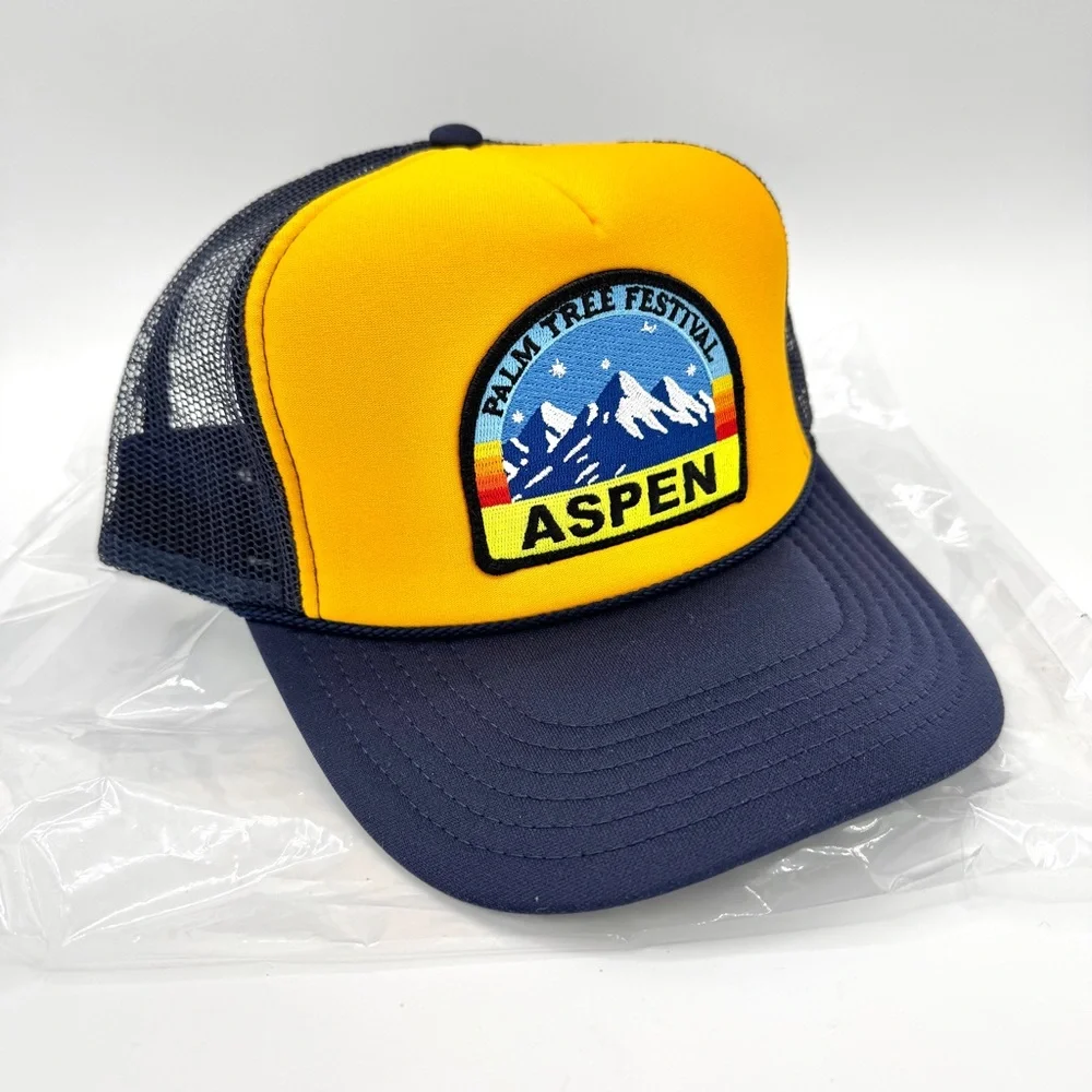 NWT Aviator Nation Aspen Palm Tree Festival Trucker Hat Gold / Navy Blue, Unisex